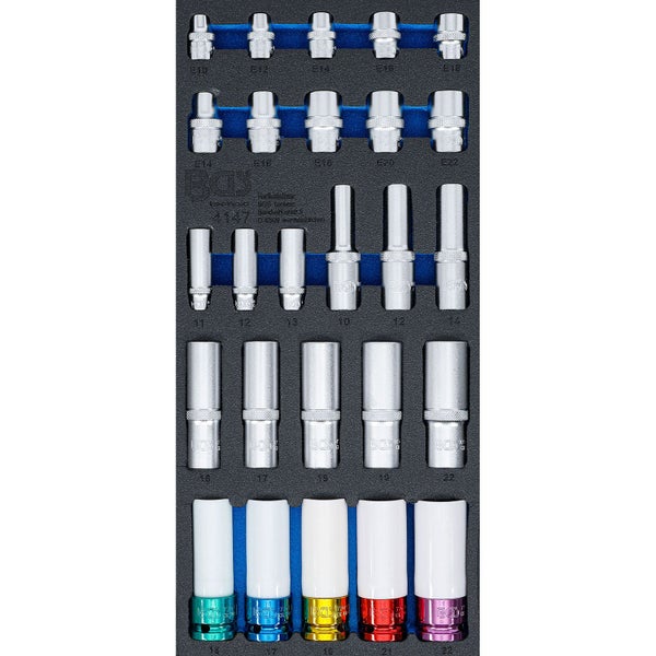 BGS Werkstattwageneinlage 1/3: Steckschlüssel-Einsätze Sechskant tief 11 – 22 mm E-Profil E10 - E22 6,3 mm (1/4) / 10 mm (3/8) / 12,5 mm (1/2) 26tlg. - 4147