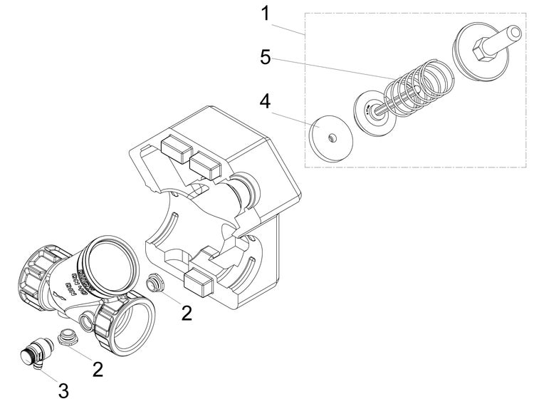 Explosionszeichnung einer Armatur mit nummerierten Komponenten wie Gehäuse, Feder und Dichtungen.