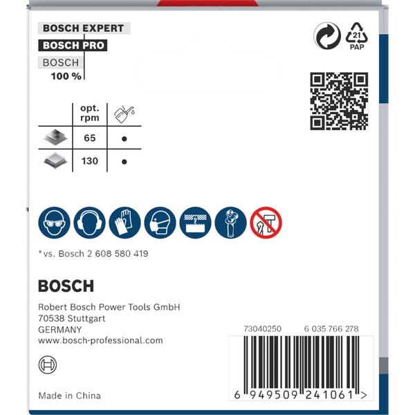 Bosch Expert Produktverpackungsinformationen wie Umweltschutzinformationen, empfohlene Drehzahlen und Sicherheitsausrüstung.