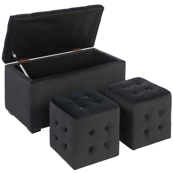 HOMCOM 3-teiliges Set mit Stauraum, 2 x Sitzhocker, Polster-Sitztruhe, Fußhocker, Aufbewahrungsbox, Fußablage, belastbar bis 130 kg, Mikrofaserstoff, Schaumstoff, 75 x 40 x 42 cm, Dunkelgrau