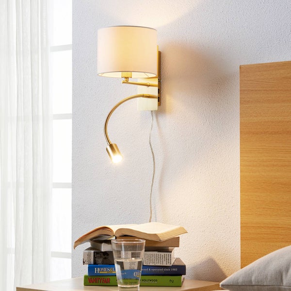 Lindby Wandlampe Textil Messing matt mit LED Leselampe Flexarm, Wandleuchte innen Nachttischlampe Wand Schlafzimmer Wohnzimmerlampe