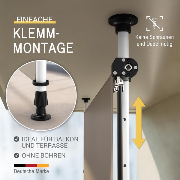 Balkonmarkise mit Klemmmontage ohne Bohren und Schrauben, Teleskopstangen zur Befestigung zwischen Boden und Decke, ideal für Balkon und Terrasse.