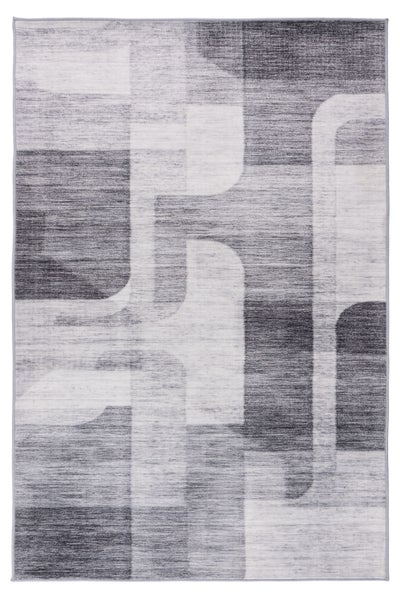 Rechteckiger Teppich mit abstraktem geometrischem Muster in verschiedenen Abstufungen.
