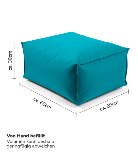 Outdoor Pouf, Hocker 60x45cm in Türkis / Petrol für Balkon und Garten 'Der Ruhestifter' Bodenkissen eckig, Sitzwürfel, Sitzpouf, Fußhocker und Beistelltisch, EPS-Perlen Füllung, Indoor geeignet
