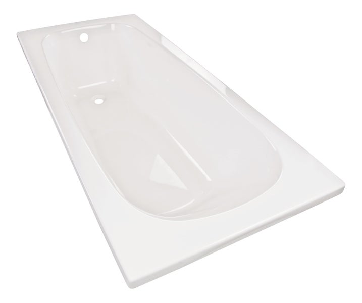 Rechteckige Badewanne aus weißem Sanitäracryl mit abgerundeter Innenform, Überlauf und Ablauföffnung.
