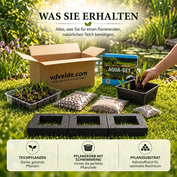 Ein vandevelde Aqua Set für Teichpflanzen mit Pflanzkörben, Schwimmringen, Pflanzsubstrat und Wasserpflanzen auf einer Wiese am Teichrand.