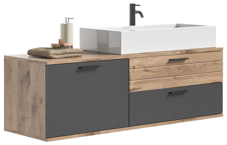 Mason Waschbeckenunterschrank 140cm 1 Tür, 2 Schubladen grau,Eiche dekor. 140 X 46 X 62 cm