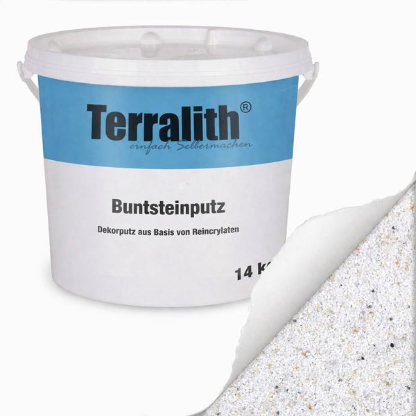 Terralith Buntsteinputz, Dekorputz auf Basis von Reincrylaten im 14 Kilogramm Eimer mit Detailansicht der feinen Körnung.