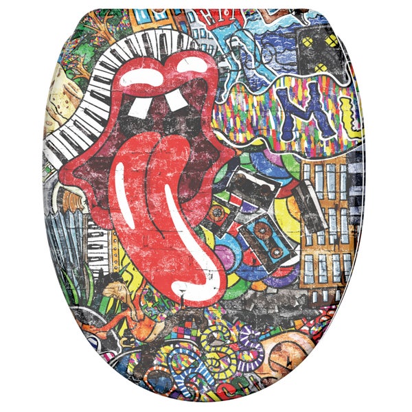 WC-Sitz mit Graffiti-Design, Pop-Art-Motive wie Zunge, Klaviertasten und Kassetten.
