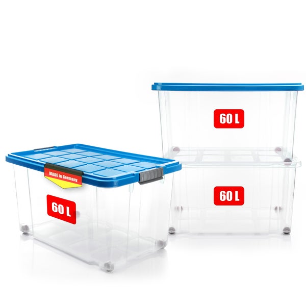 BigDean 3 Stück 60 L Aufbewahrungsbox mit Deckel groß azurblau - stapelbare robuste Box BPA-frei - rollbare Stapelbox mit festen Klickverschlüssen - Made in Germany