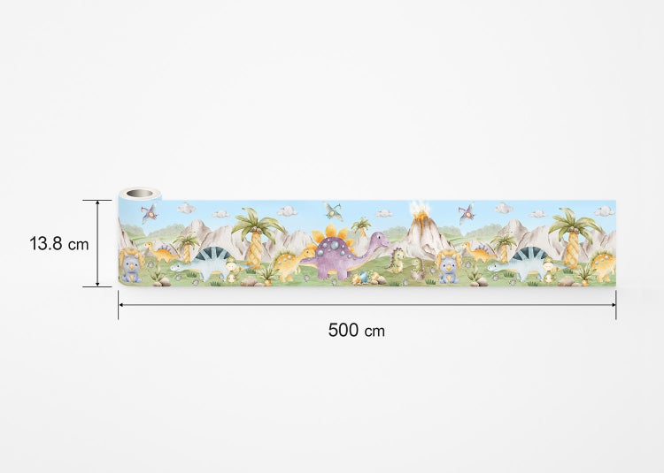 Tapetenbordüre mit Dinosaurier-Motiv, Maße 13,8 Zentimeter hoch und 500 Zentimeter lang.
