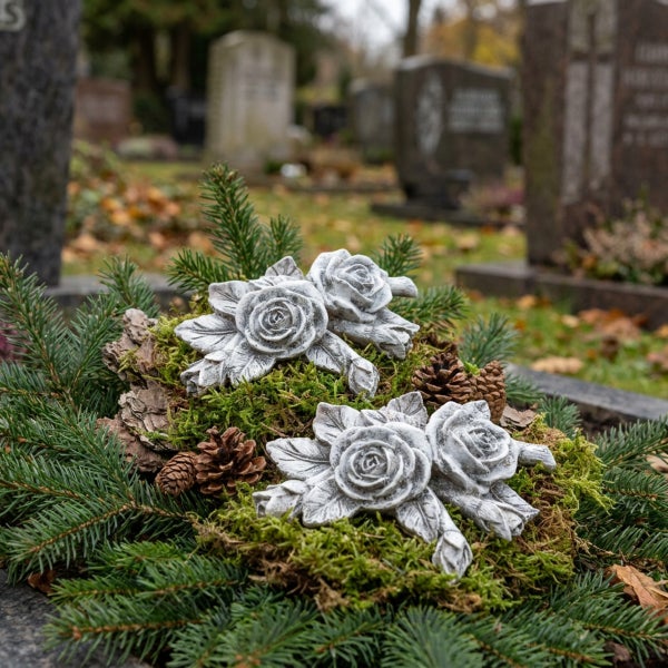 Grabschmuck mit zwei Steinrosen dekoriert auf einem Kranz aus Tannenzweigen und Moos auf einem Friedhof.