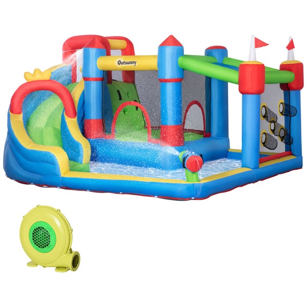Outsunny Hüpfburg, Wasserpark, Aufblasbare Hüpfburg mit Gebläse, Wasserspielcenter, inkl. Wasserrutsche, Trampolin, Kletterwand, für Kinder ab 3 Jahren, In- und Outdoor, Bunt, 390 x 300 x 197 cm