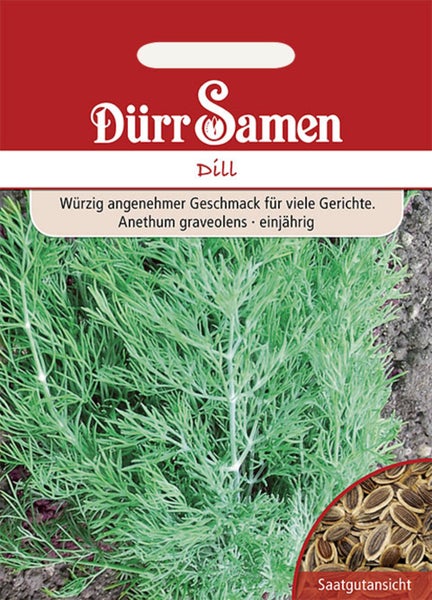 Dürr Samen Logo, Samentüte für einjährigen Dill mit einer Abbildung der fein gefiederten Pflanze und einer Detailansicht der Samen.