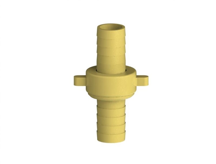 Gelber Schlauchverbinder aus Kunststoff mit gerippten Enden zur Verbindung zweier Schläuche.