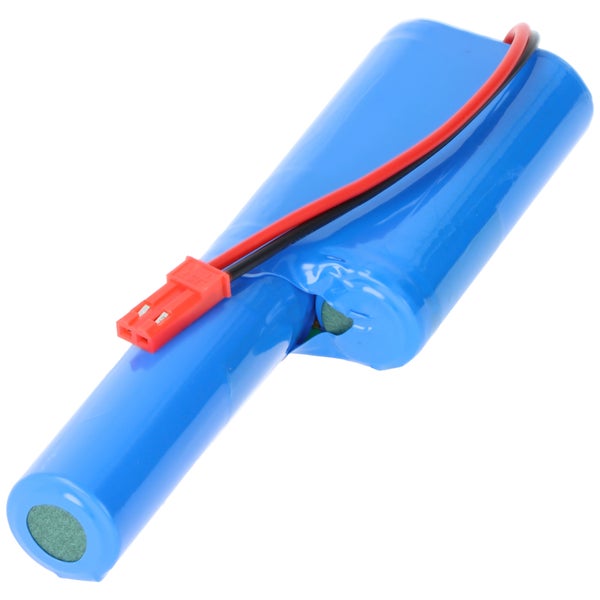 Wiederaufladbarer Akkupack aus blauen Rundzellen mit Anschlusskabel und rotem Steckverbinder.