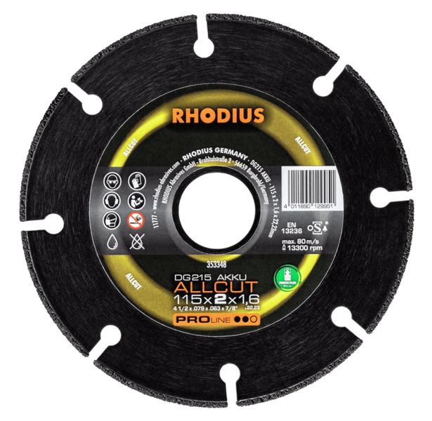 RHODIUS Diamanttrennscheibe DG215 ACCU, 1 Stück, 115 x 2 x 1,6 x 22,23 mm für Allround, PROline