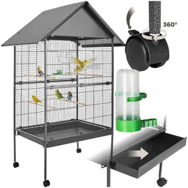 Vogelkäfig mit Dach, zwei Schiebetüren, Sandwanne, Futterstelle und Vogeltränke