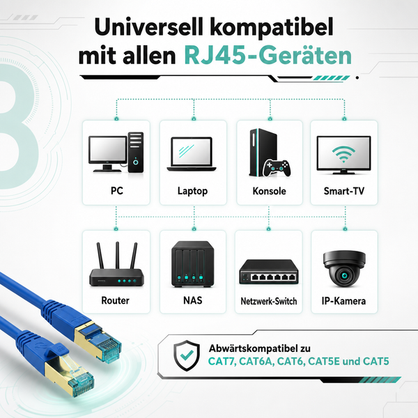 Blaues RJ45 Netzwerkkabel mit vergoldeten Steckern, kompatibel mit Computer, Konsole, Router, Switch und abwärtskompatibel bis Kategorie 5.