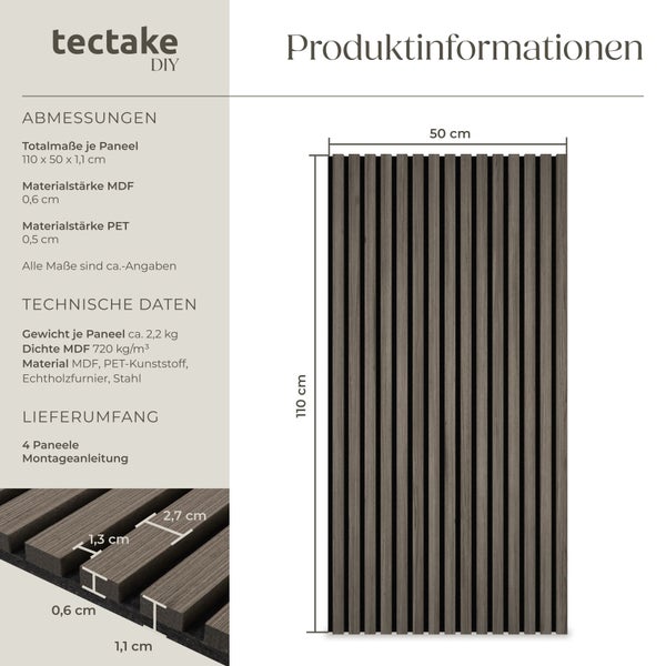 tectake DIY Logo und technische Informationen für Akustikpaneele mit Maßen 110 mal 50 mal 1,1 Zentimeter, Material MDF und Echtholzfurnier.
