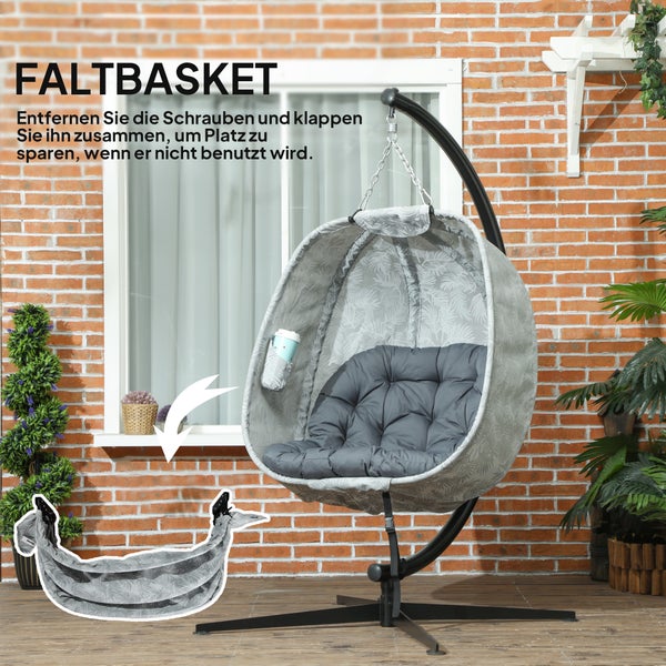 Outsunny Eiförmiger Hängesessel für den Außenbereich, Faltbar Hängeschaukel mit Gestell, Sitzpolstern, Hängematte für 1 Personen, Schaukelsessel Indoor Outdoor, Terrasse, Garten, Grau