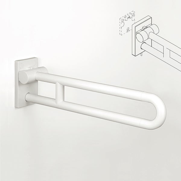 Klappbarer Stützgriff für das Badezimmer zur Wandmontage in Weiß, inklusive schematischer Darstellung der Befestigung.