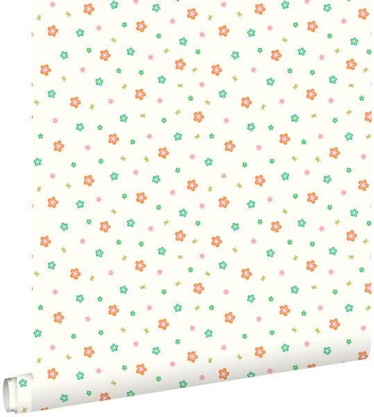 ESTAhome Tapete Blumen Lindgrün und Orange - 53 cm x 10.05 m - 114635