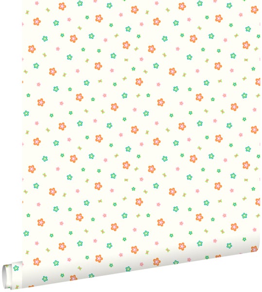 ESTAhome Tapete Blumen Lindgrün und Orange - 53 cm x 10,05 m - 114635