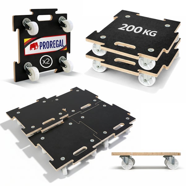 Doppelpack Transporthilfe aus Holz mit Antirutschbeschichtung, 200 Kilogramm Tragkraft pro Brett, Lenkrollen, Tragegriff und Proregal Logo.