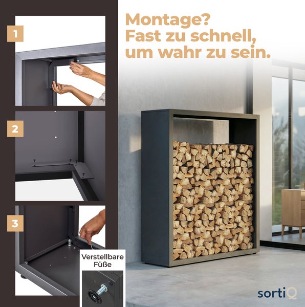 Montageanleitung für ein Brennholzregal mit verstellbaren Füßen.