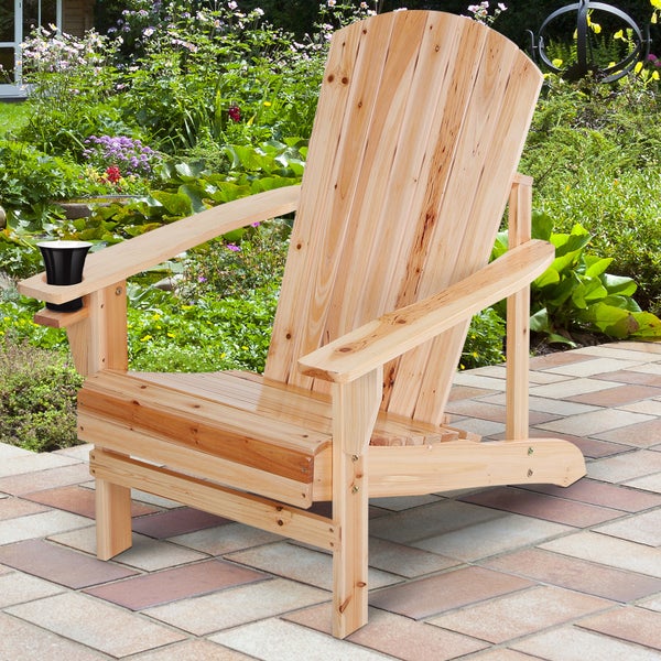 Outsunny Adirondack-Gartenstuhl mit Becherhalter Gartenliege Balkonstuhl Massivholz Natur 72,5 x 97 x 93 cm