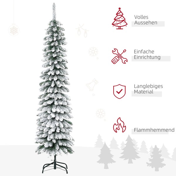 Schmaler künstlicher Weihnachtsbaum mit beschneiten Zweigen und Ständer. Volles Aussehen, einfacher Aufbau, langlebiges Material und flammhemmend.