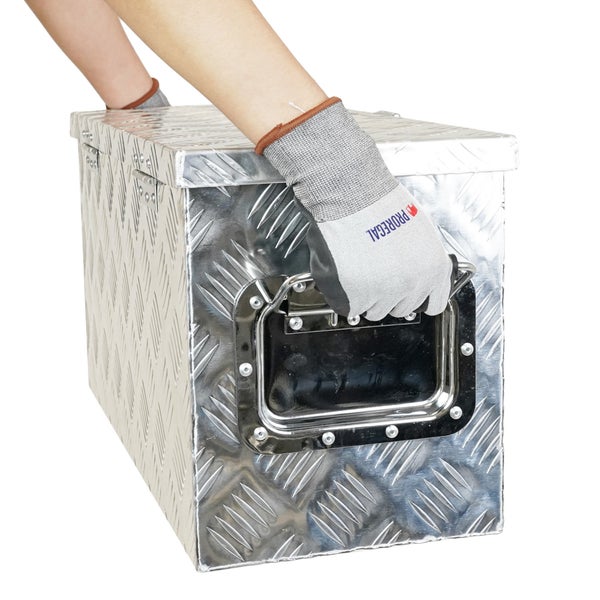Transportbox aus Aluminium-Riffelblech mit ausgeklapptem Tragegriff, getragen von Händen in Arbeitshandschuhen mit Proregal Logo.