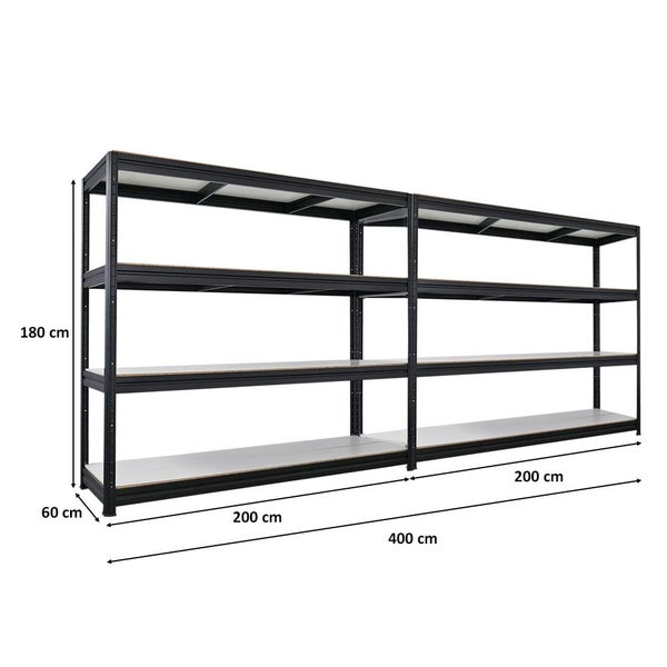 Schwarzes Schwerlastregal mit den Maßen 180 cm Höhe, 60 cm Tiefe und 400 cm Breite