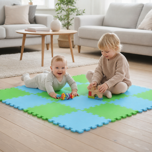 Zwei Kinder spielen auf einer weichen Spielmatte aus ineinandergreifenden quadratischen Schaumstoffelementen in einem Wohnzimmer.