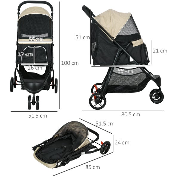 PawHut 2 in 1 Hundewagen Hundebuggy mit Regenschutz klappbar für Hunde & Katzen bis 10 kg Katzenbuggy mit Kissen Netzfenstern Türen Aufbewahrungskorb Katzenwagen Buggy Khaki