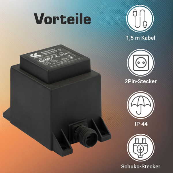 AC-Adapter Transformator mit 1,5 Meter Kabel, 2-Pin-Stecker, Schutzart IP 44 und Schuko-Stecker.