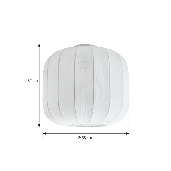 Weiße Deckenleuchte mit Stoffschirm, Höhe 32 Zentimeter und Durchmesser 35 Zentimeter.
