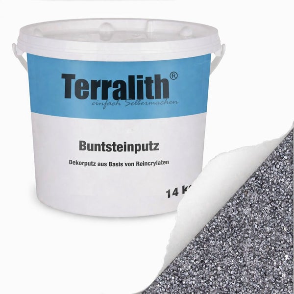 Terralith Buntsteinputz Dekorputz auf Basis von Reinacrylaten im 14 Kilogramm Eimer mit einer Darstellung der körnigen Putzstruktur.