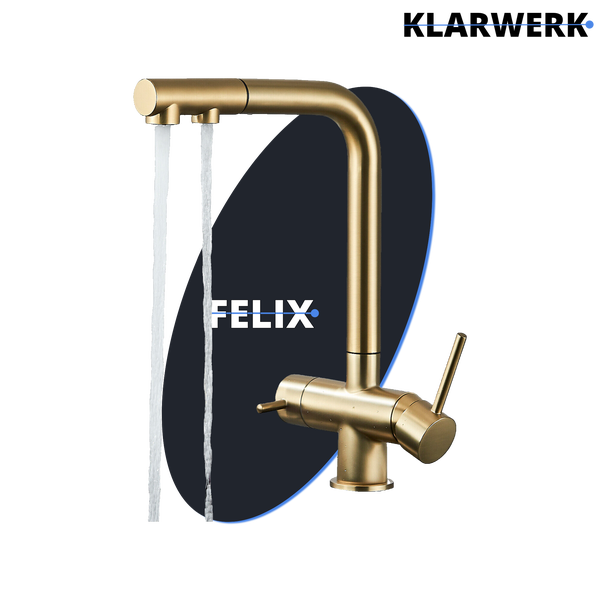 Felix | 3 Wege Premium Edelstahl Gold matt ausziehbare Armatur | Osmose Wasserhahn Küche |Mischbatterie - 360 Grad | Filter 3 Anschlüsse