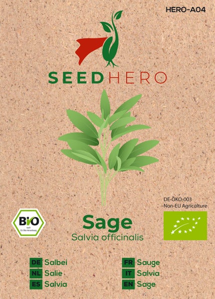 Biologische Salbei-Samen (Salvia officinalis) von SEEDHERO. Samentüte mit SEEDHERO Logo, Salbei-Illustration und biologischen Zertifizierungen.