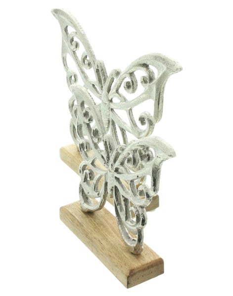 FRANK FLECHTWAREN | Schmetterling Silber, 2er Set, ALUMINIUM, HOLZ, 15 x 3,5 x 13 cm, 20 x 3,5 x 16 cm