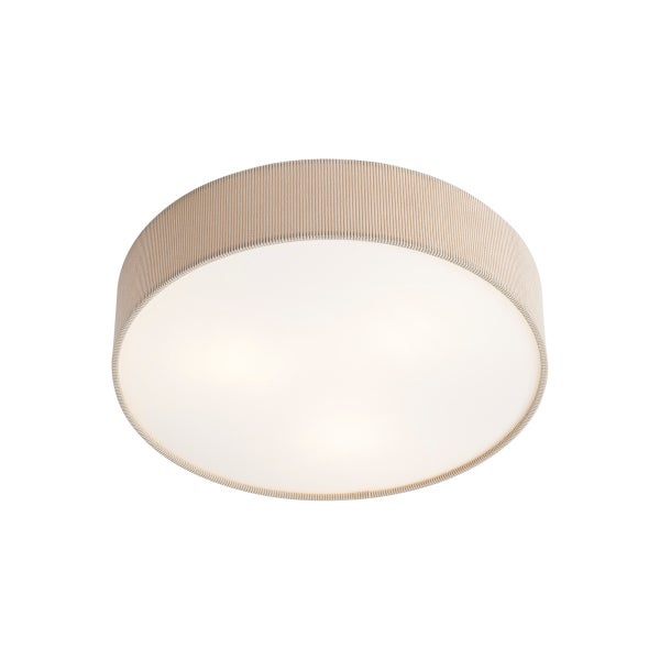 Runde Deckenleuchte mit strukturiertem Stoffschirm in Beige und weißem Diffusor.