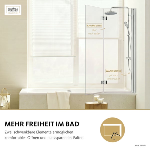 Badewannenfaltwand aus Glas mit Duschsystem in einem modernen Badezimmer, Schöner Wohnen Kollektion Logo