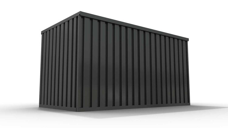 Lagercontainer Gerätehaus L  – 8 qm, H2150 x B4050 x T2170 mm, Außenwandlackierung anthrazit, Dach außen verzinkt, mit Holzfußboden, 1270 mm Einflügeltür mittig in Stirnseite, montiert