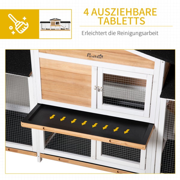 PawHut Kleintierstall Meerschweinchenstall mit Rampe Auslauf Zwergkaninchenstall mit Asphaltdach winterfest Zwergkaninchenkäfig Kleintierkäfig für draußen Tannenholz 230 x 53 x 93,5 cm Weiß