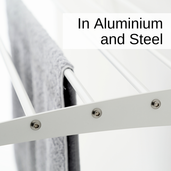 Detailansicht eines Wäscheständers aus Aluminium und Stahl mit einem grauen Tuch