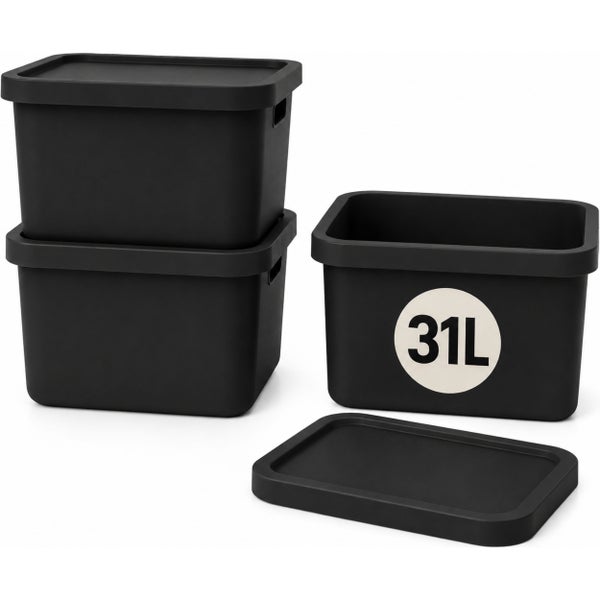 Set mit drei stapelbaren Aufbewahrungsboxen aus Kunststoff mit Deckel und einem Volumen von je 31 Litern für die organisierte Lagerung.