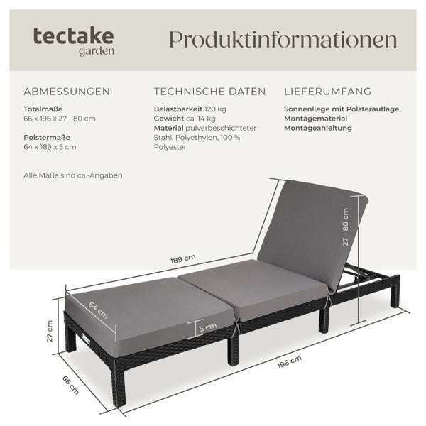 Rattan Sonnenliege tectake Sofia 196 x 66 x 27 cm widerstandsfähig schwarz