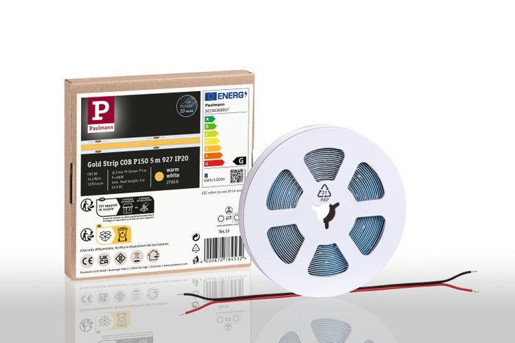 Paulmann Gold Strip COB LED-Streifen, 5 Meter, warmweiß, mit Verpackung, Paulmann Logo, Energieeffizienzklasse G und Papierrecycling-Symbol.